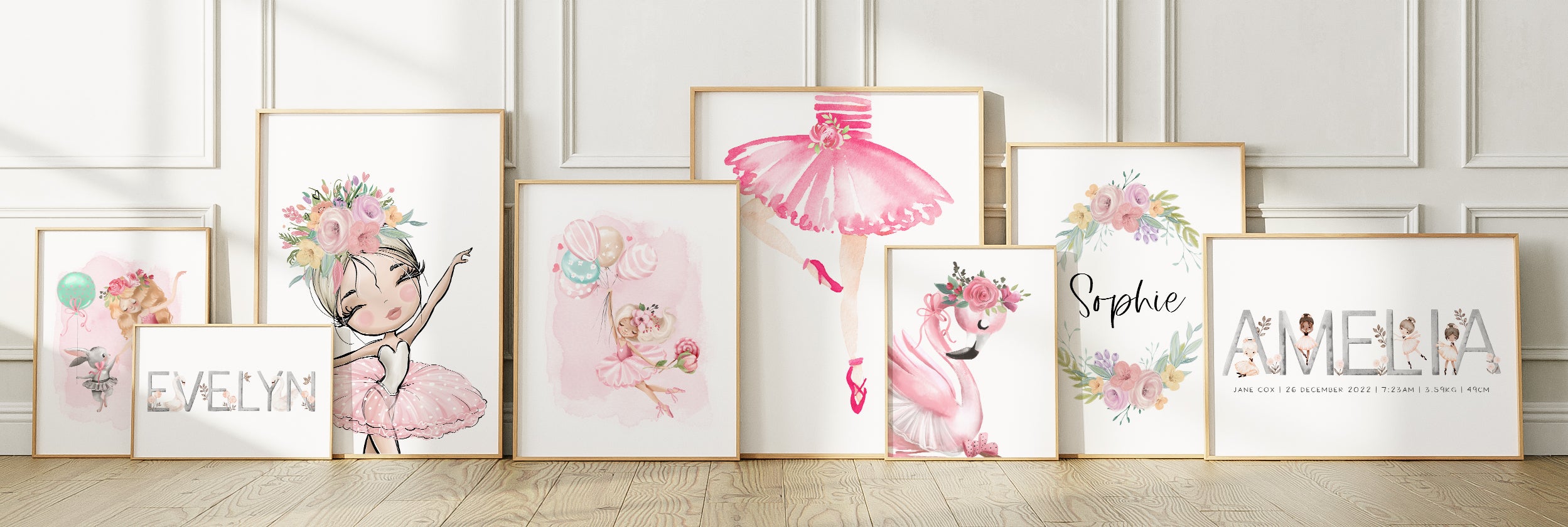 Ballerinas and Heart nursery wall art in pink order and silver.Girls room decor.