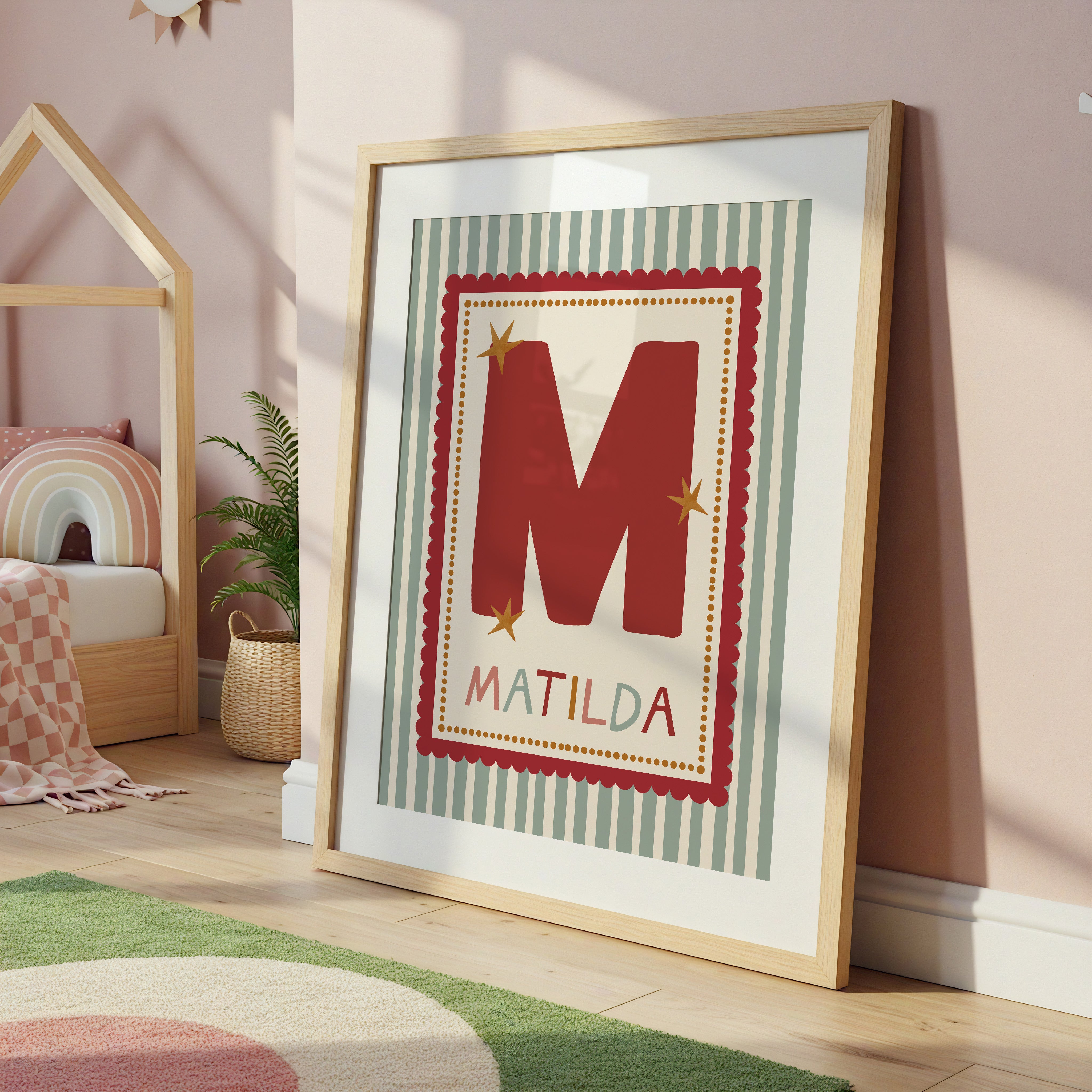 Red Scallop Green Stripe Letter & Name Print