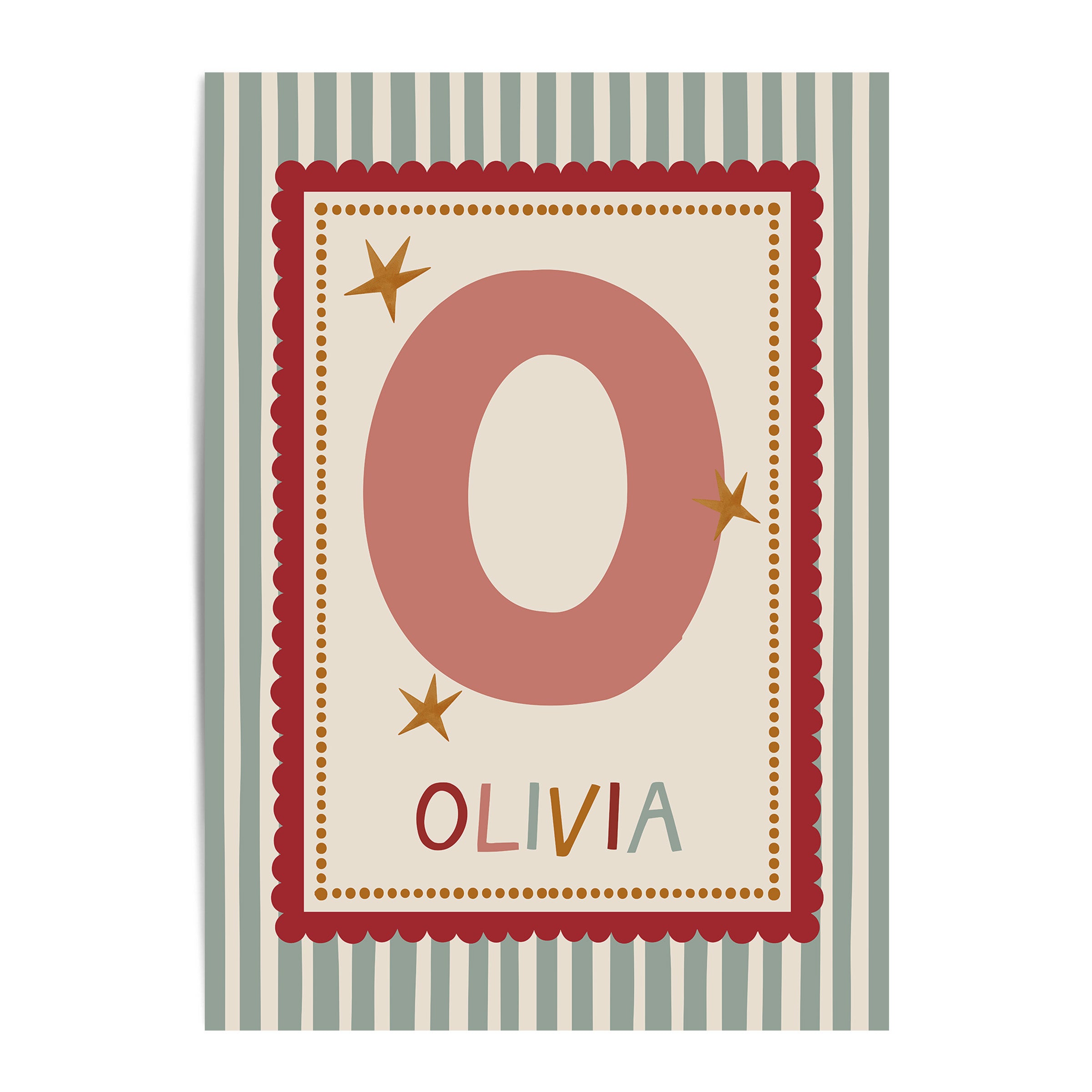 Red Scallop Green Stripe Letter & Name Print