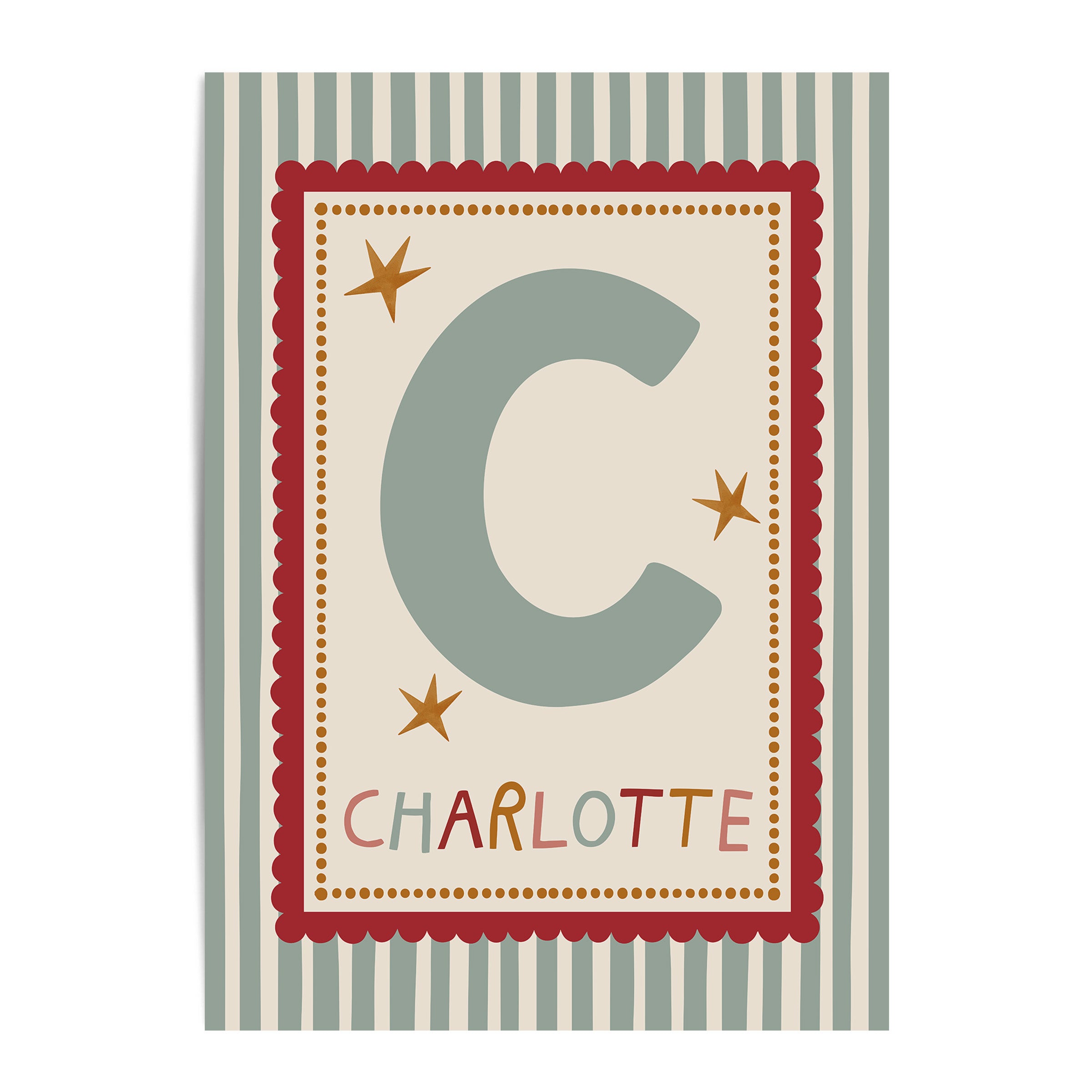 Red Scallop Green Stripe Letter & Name Print
