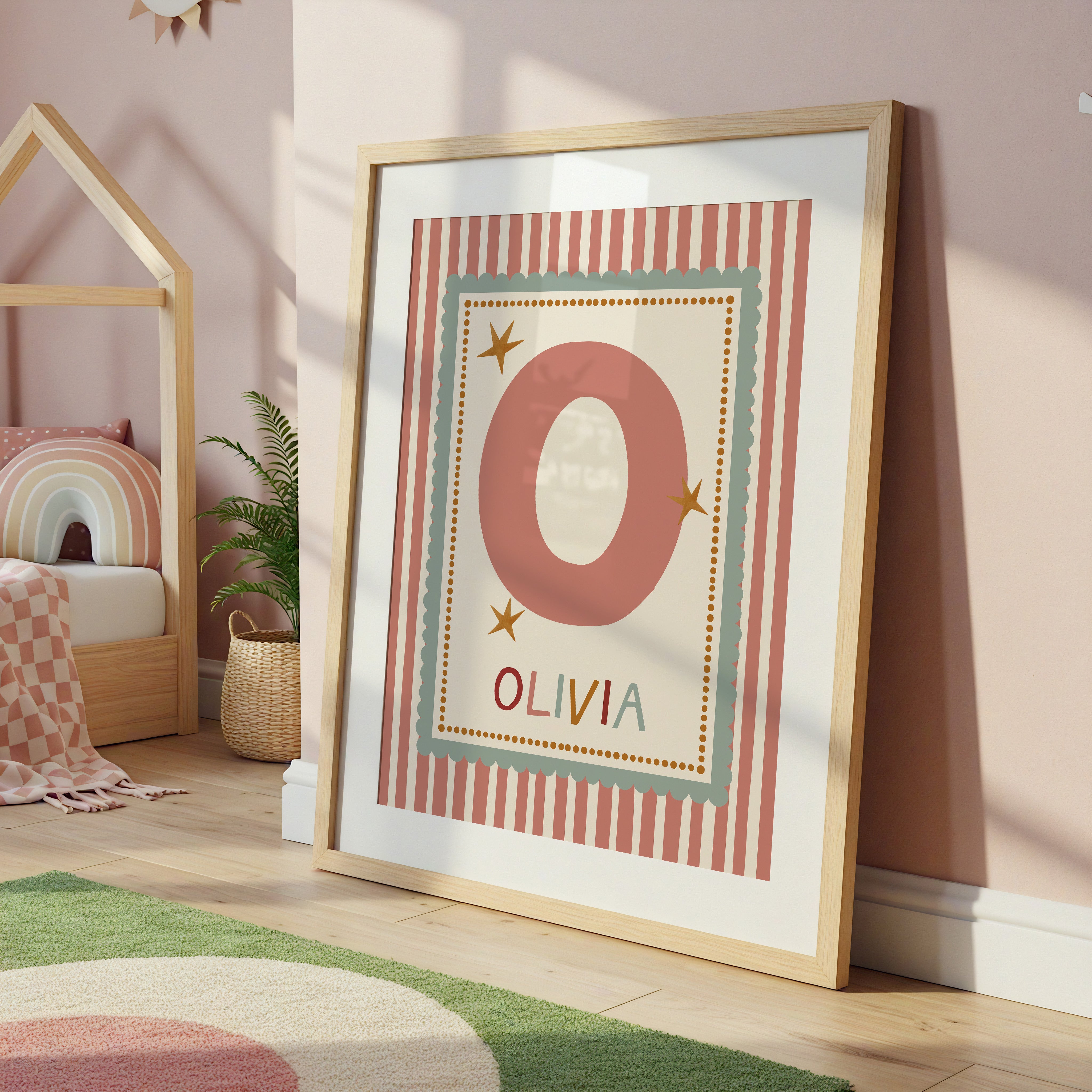 Green Scallop Pink Stripe Letter & Name Print