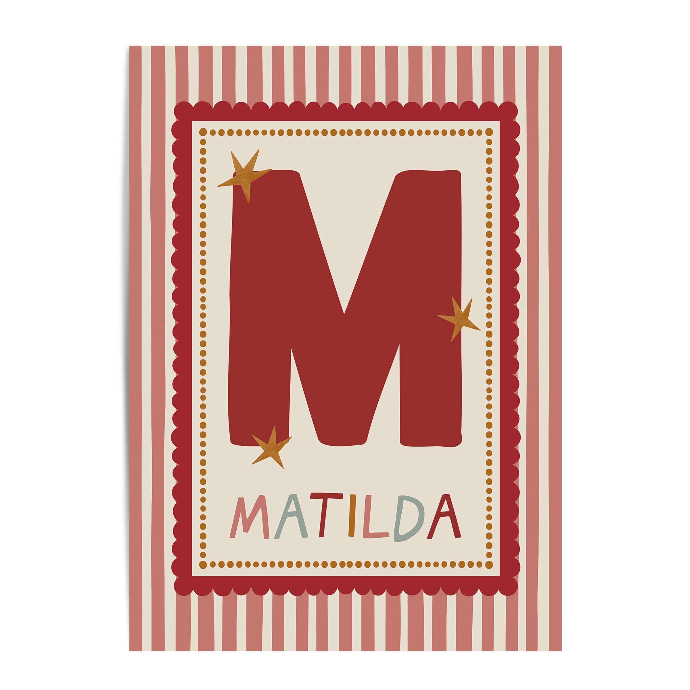 Red Scallop Pink Stripe Letter & Name Print