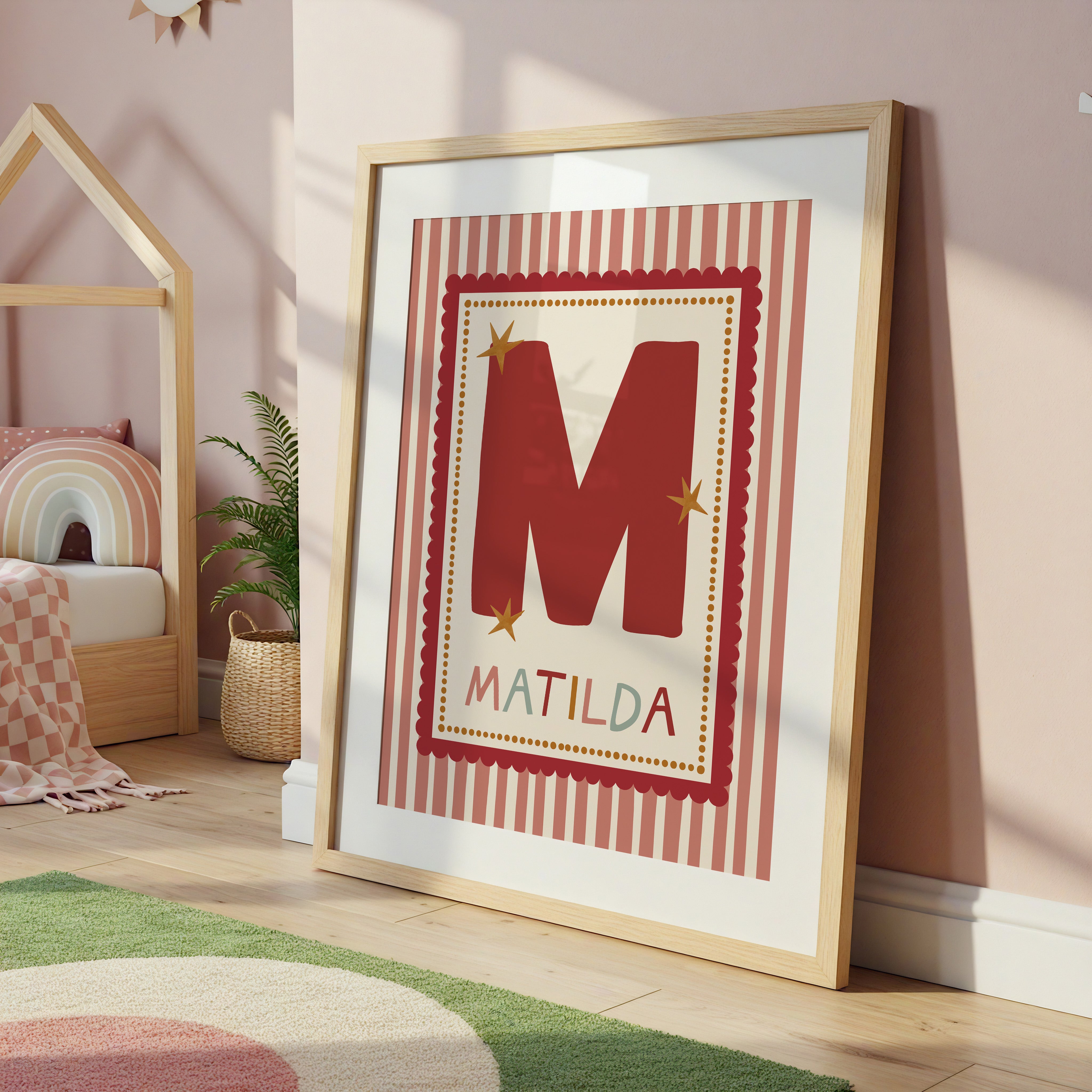 Red Scallop Pink Stripe Letter & Name Print