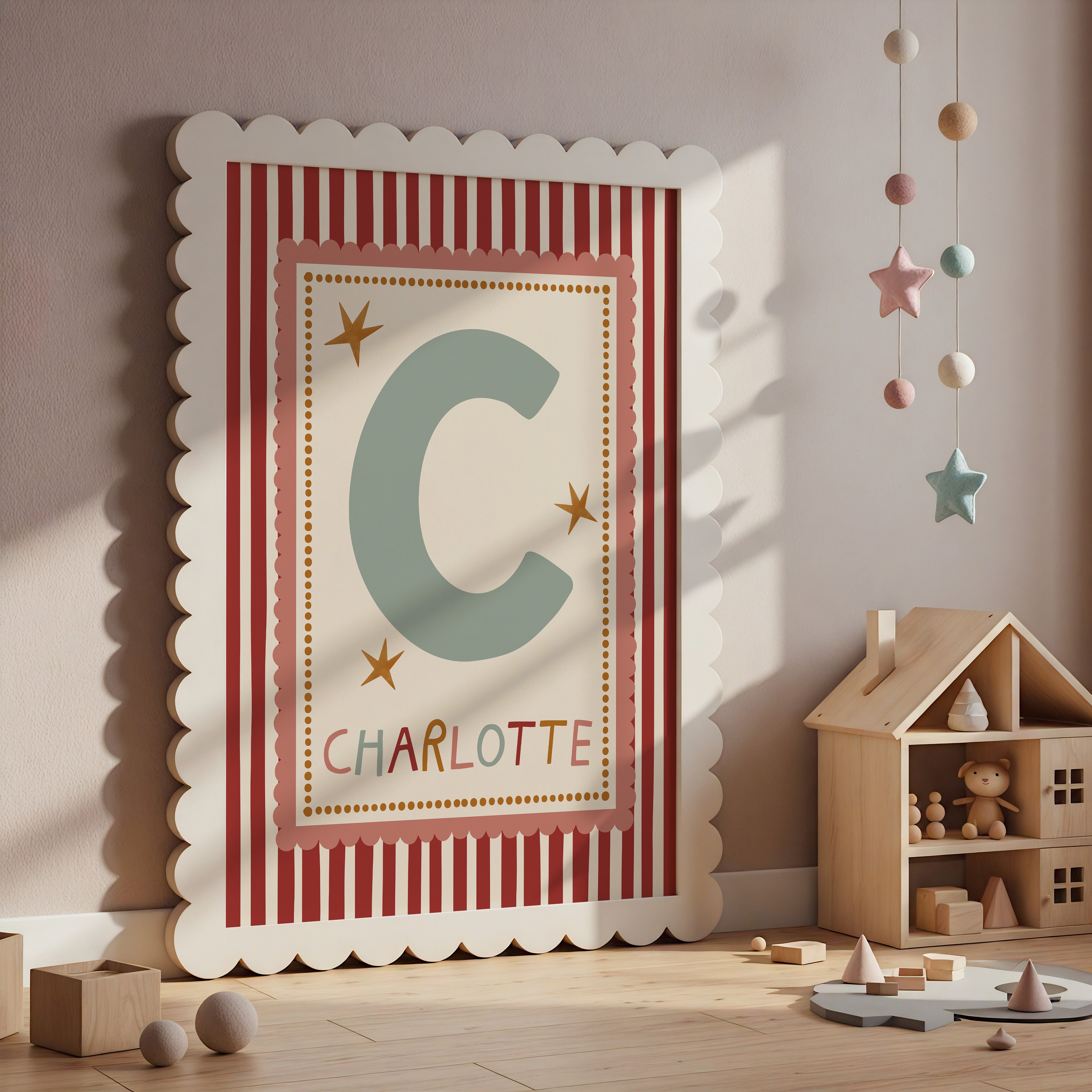 Pink Scallop red Stripe Letter & Name Print