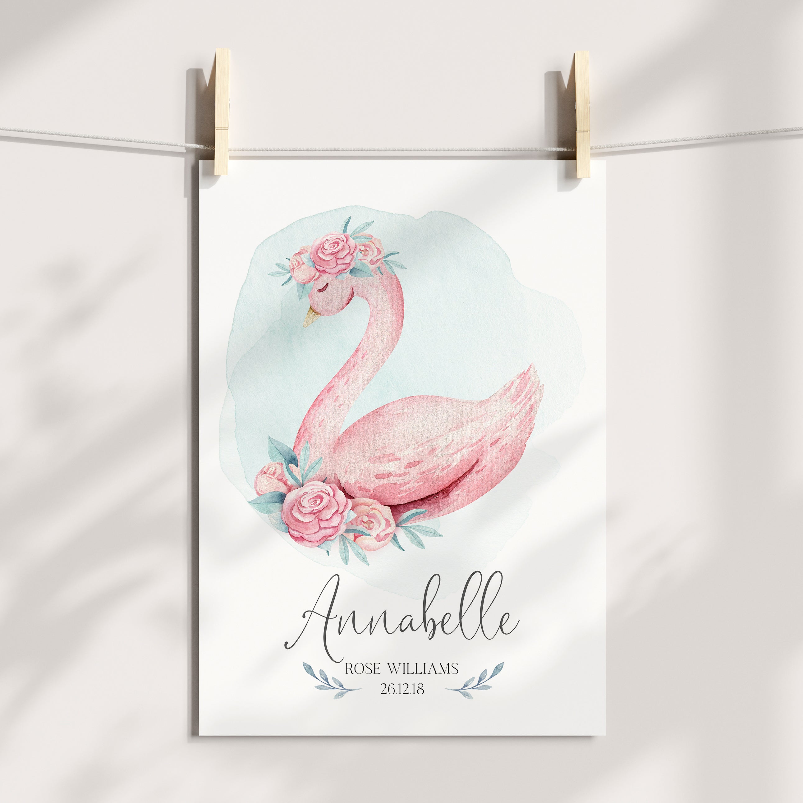 Pink Floral Watercolour Swan Birth Print