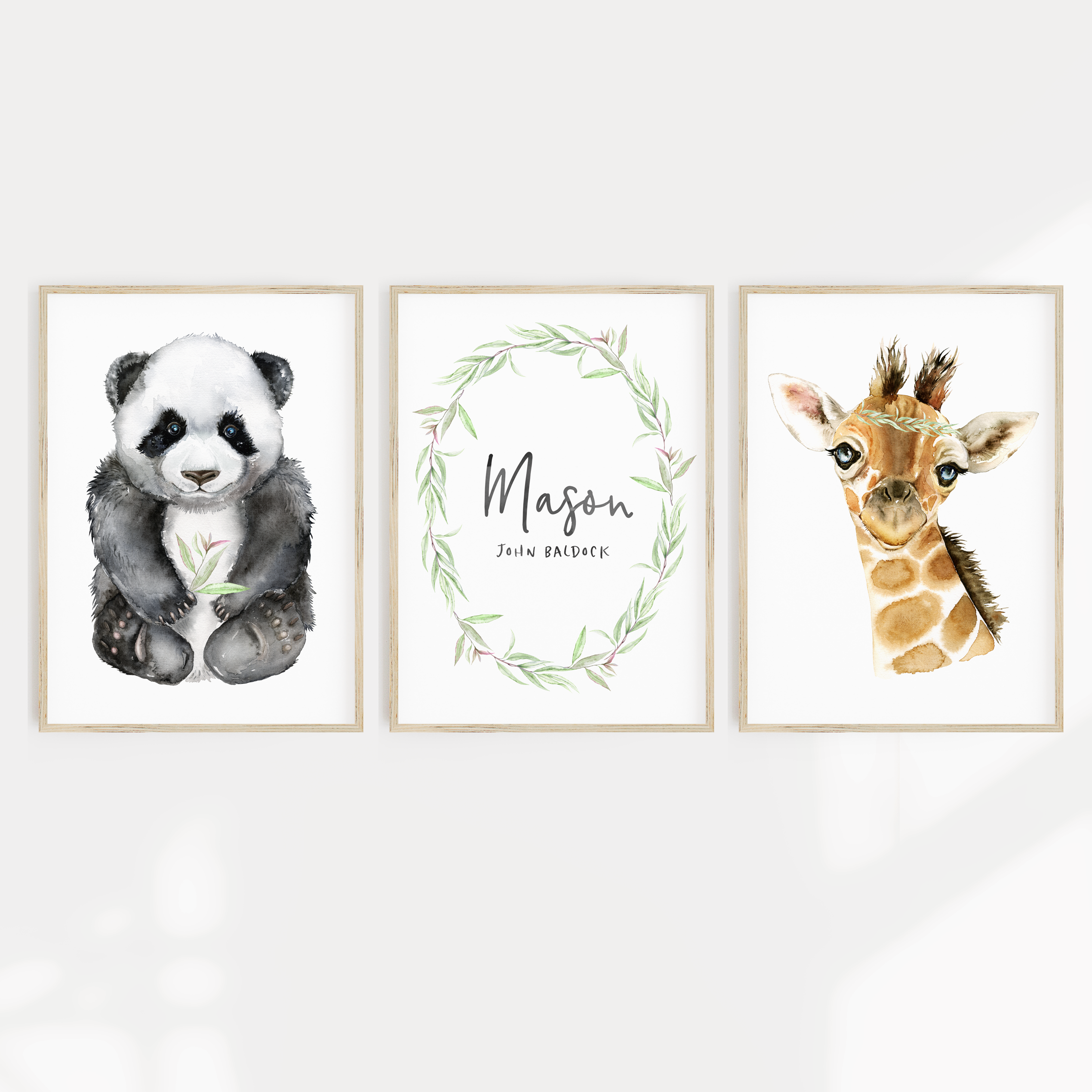 Panda & Giraffe Watercolour Nursery or Bedroom Print Set with Personalised Name
