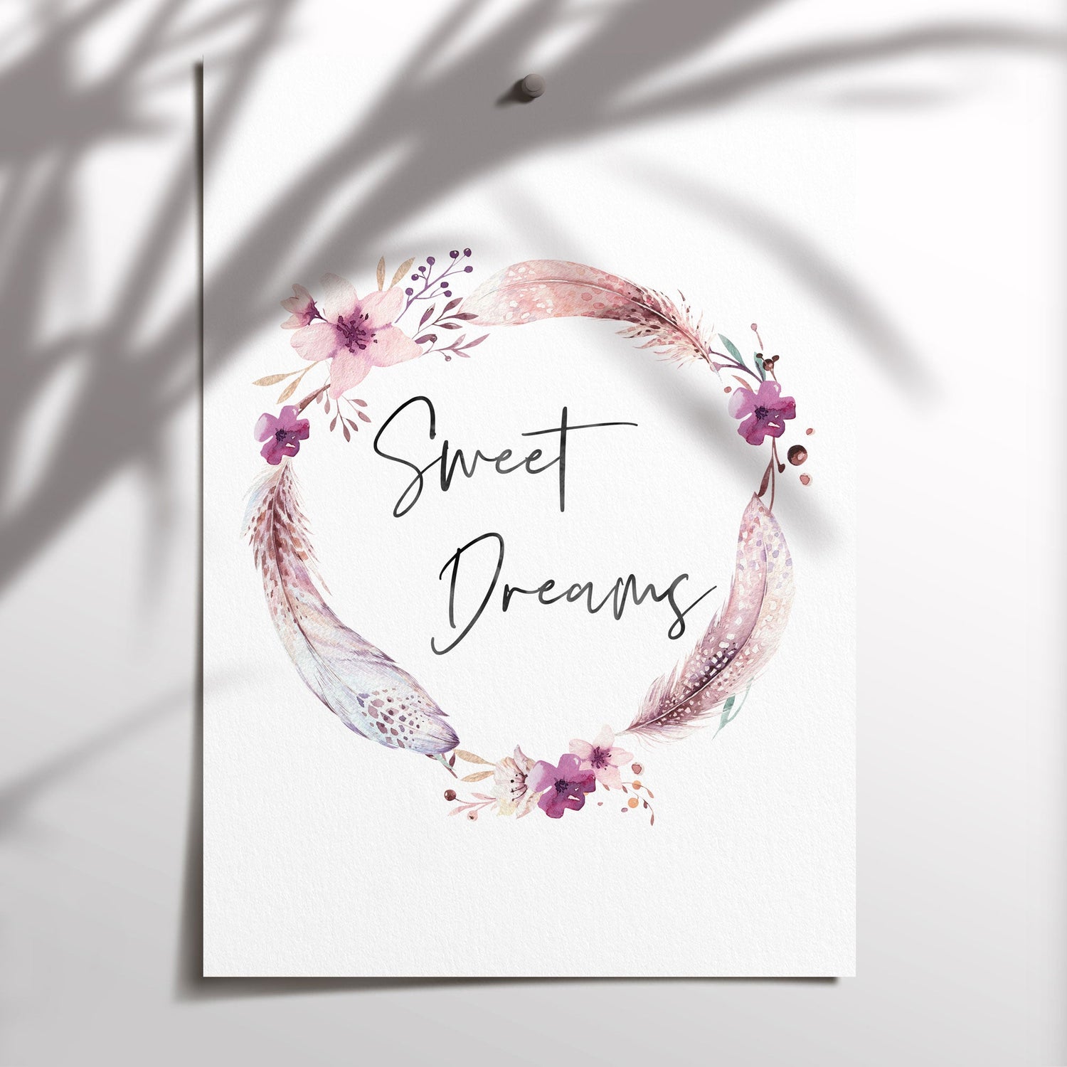Boho Feather & Floral Wreath Sweet Dreams Print
