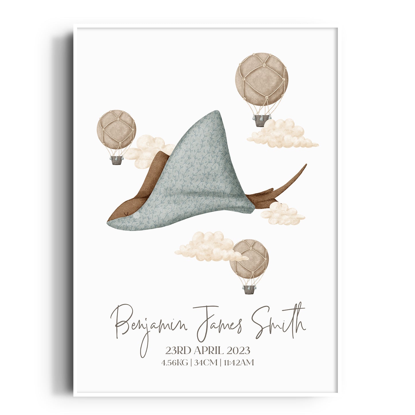 Boho Stingray & Hot Air Balloon Birth Print