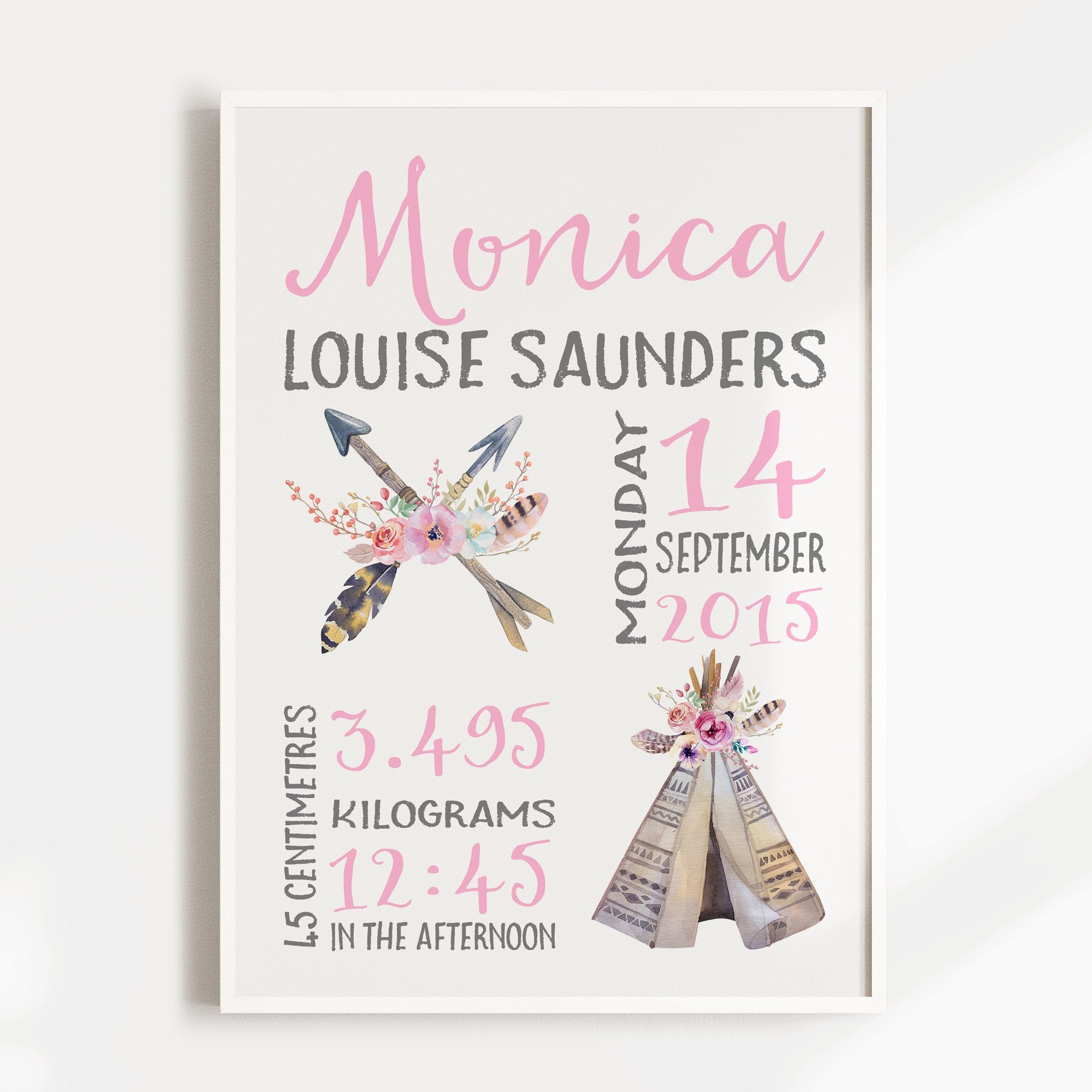 Boho Tribal Teepee & Arrows Birth Print
