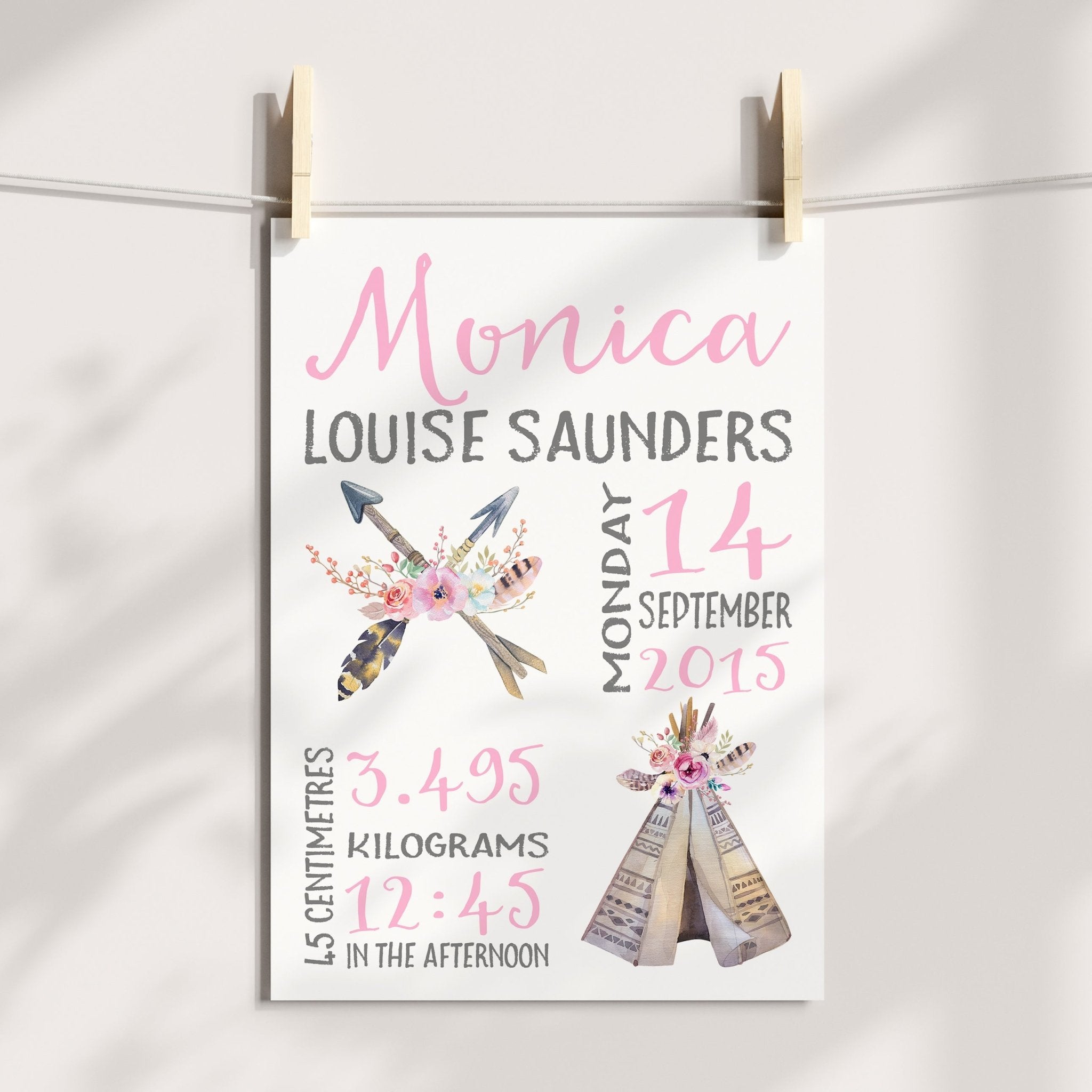 Boho Tribal Teepee & Arrows Birth Print