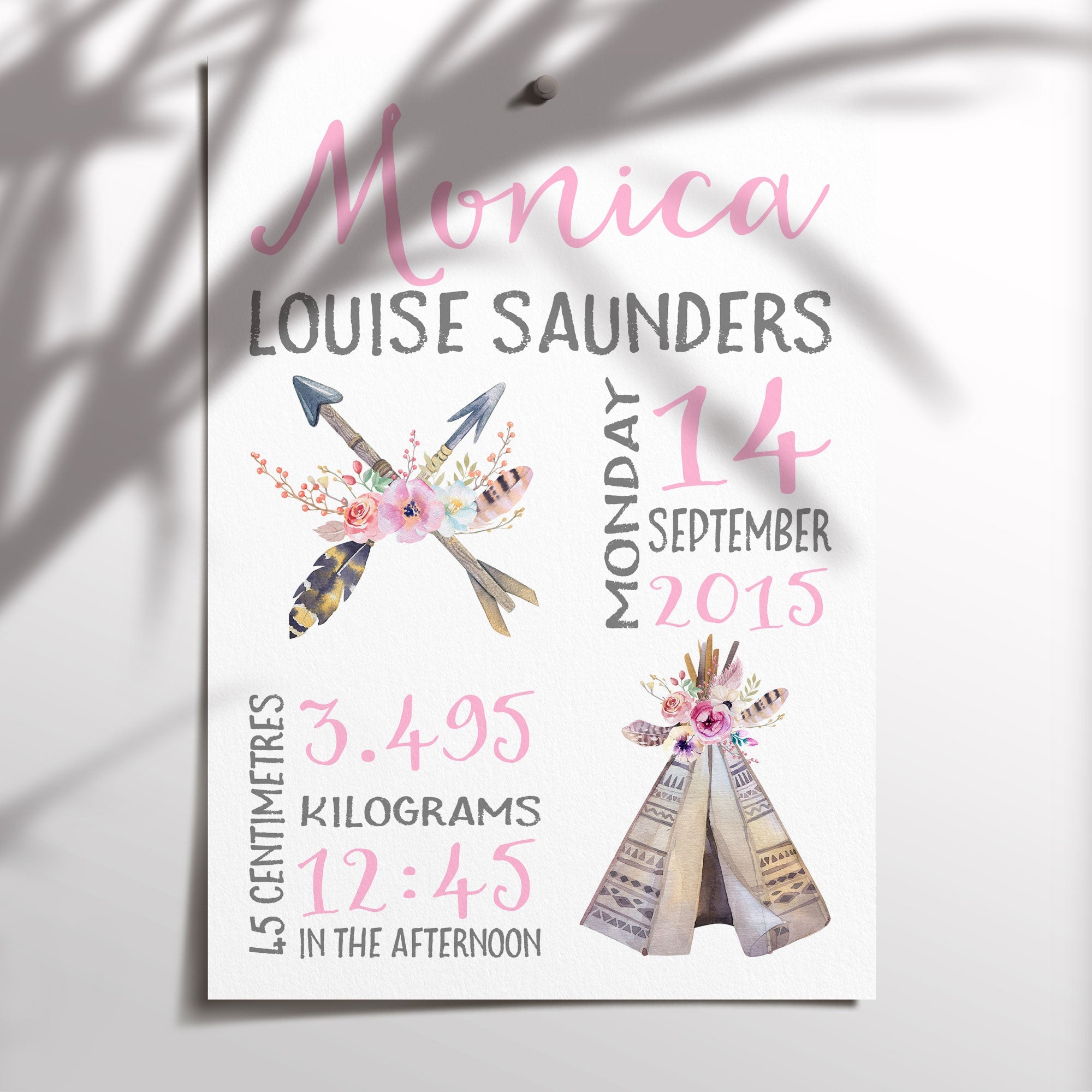 Boho Tribal Teepee & Arrows Birth Print
