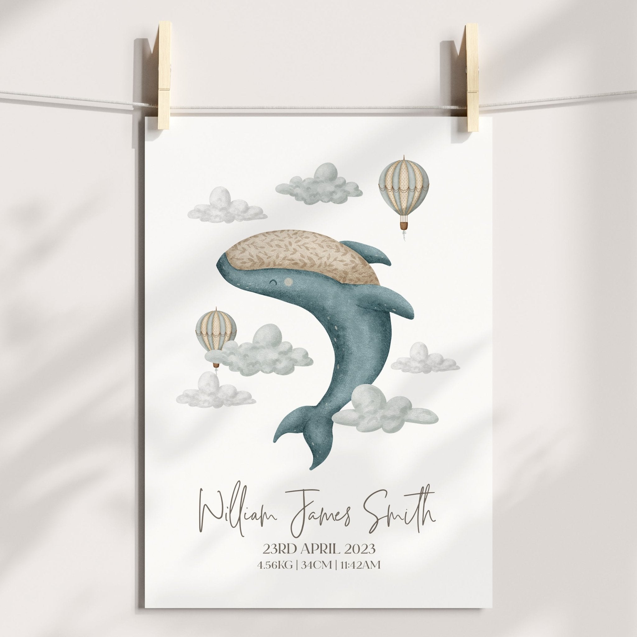 Boho Whale & Hot Air Balloon Birth Print