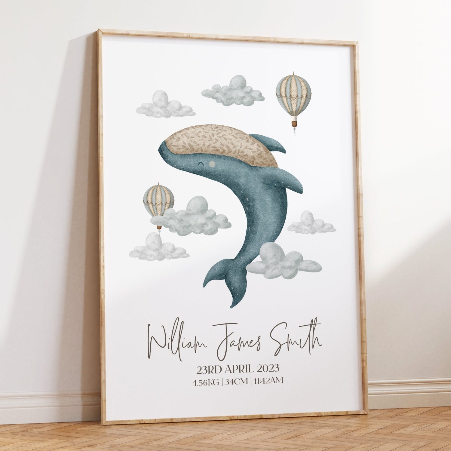 Boho Whale & Hot Air Balloon Birth Print