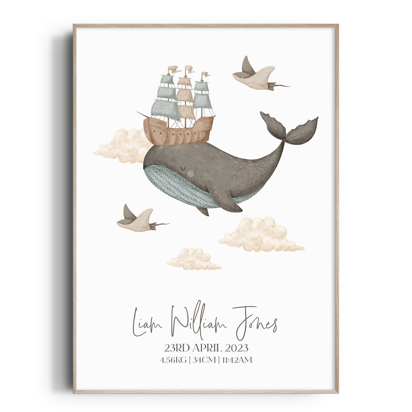 Boho Whale & Ship Birth Print