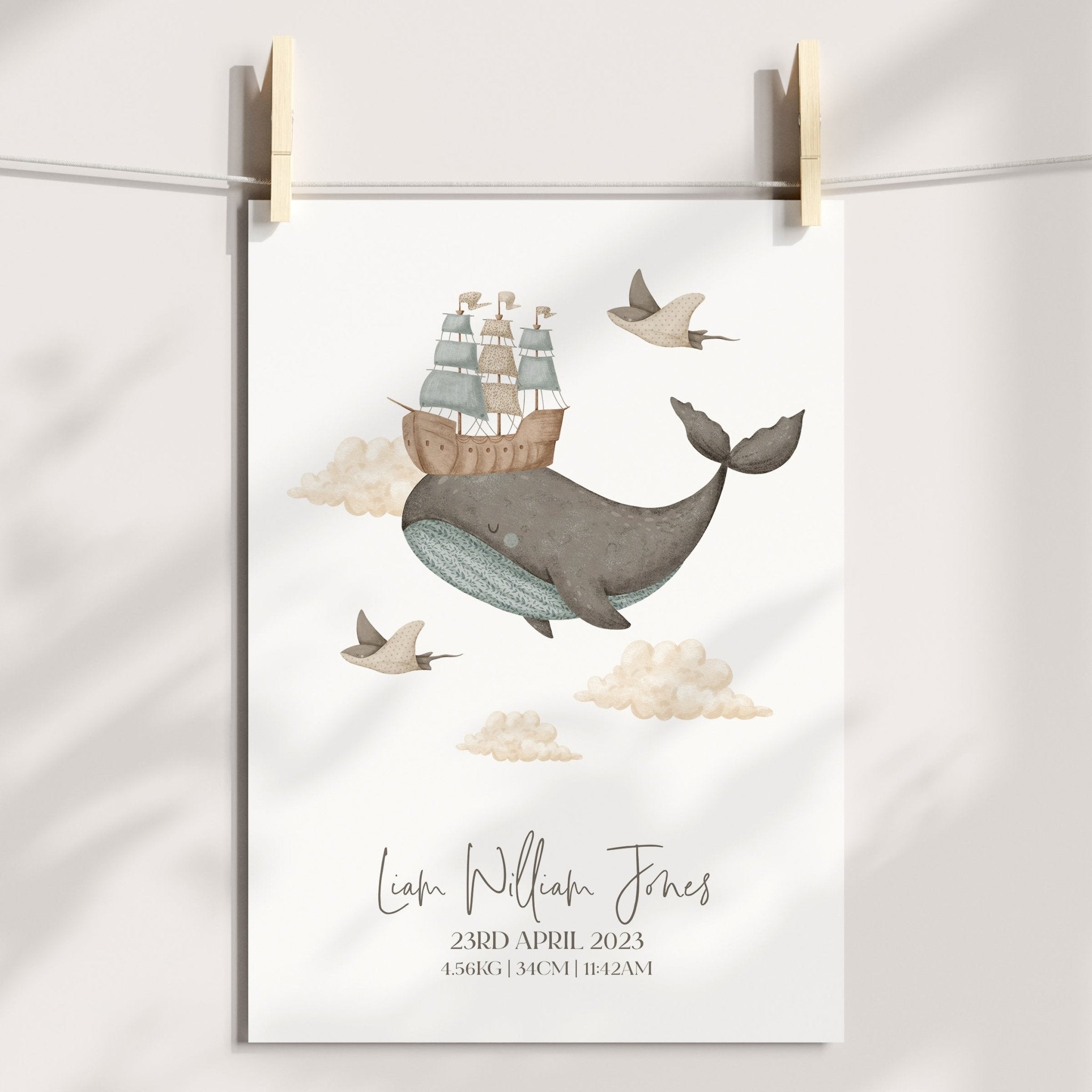 Boho Whale & Ship Birth Print