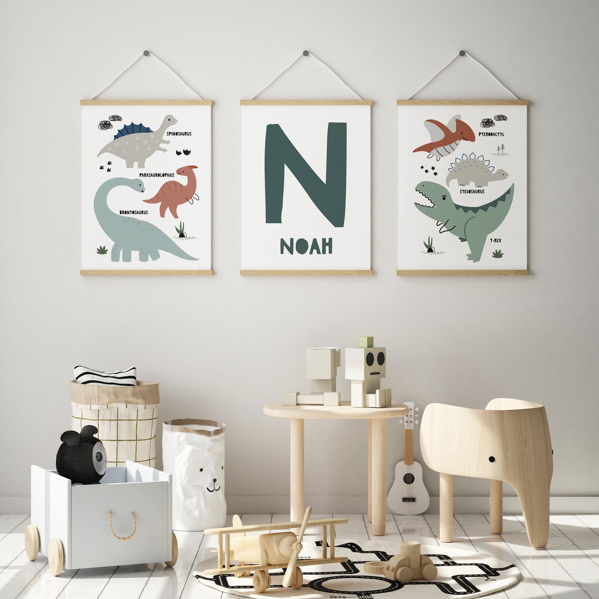 Dinosaur Nursery Playroom Wall Art Prints with name green