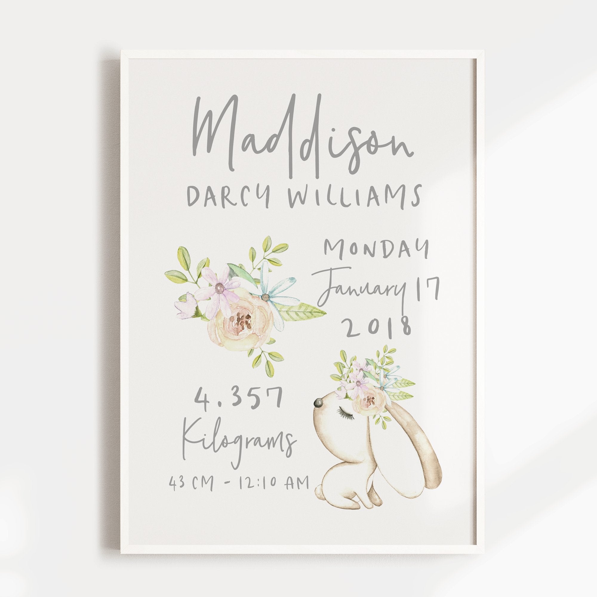 Floral Woodland Bunny Birth Print