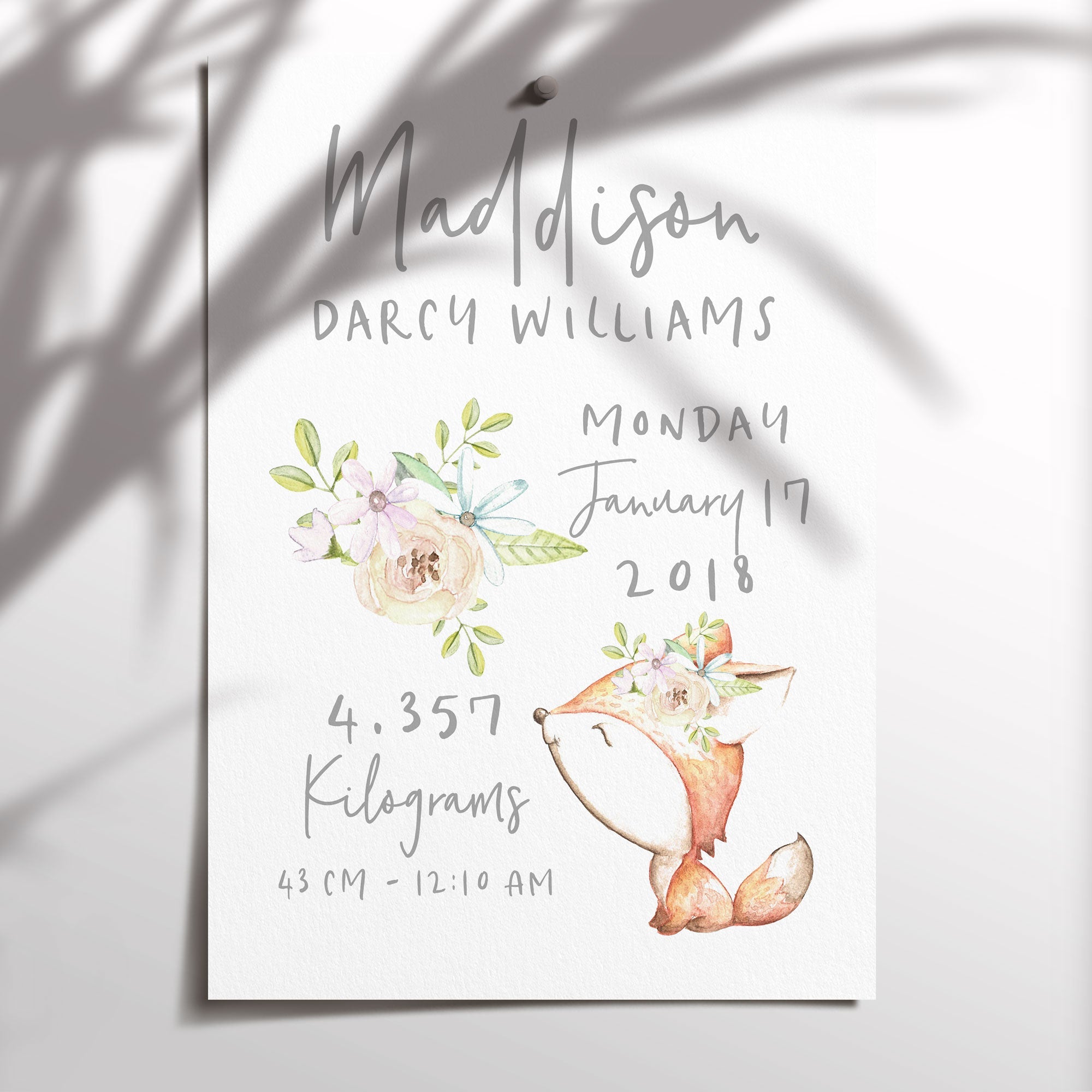 Floral Woodland Fox Birth Print
