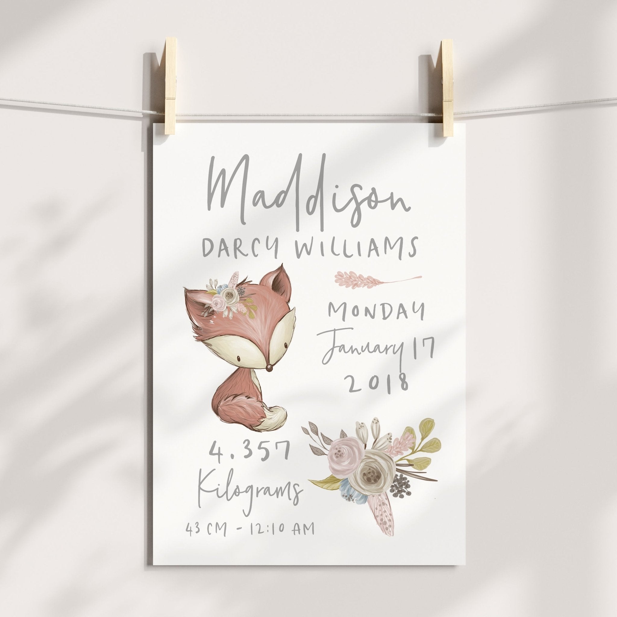 Floral Woodland Fox Birth Print