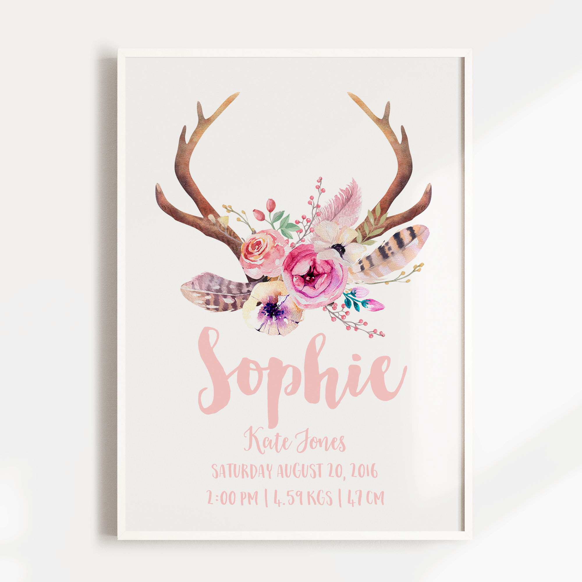 Tribal Boho Antler Birth Print