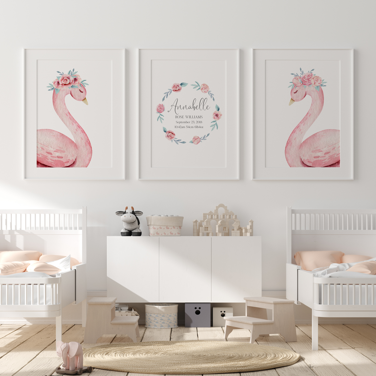 Pink Floral Watercolour Swans & Birth Print