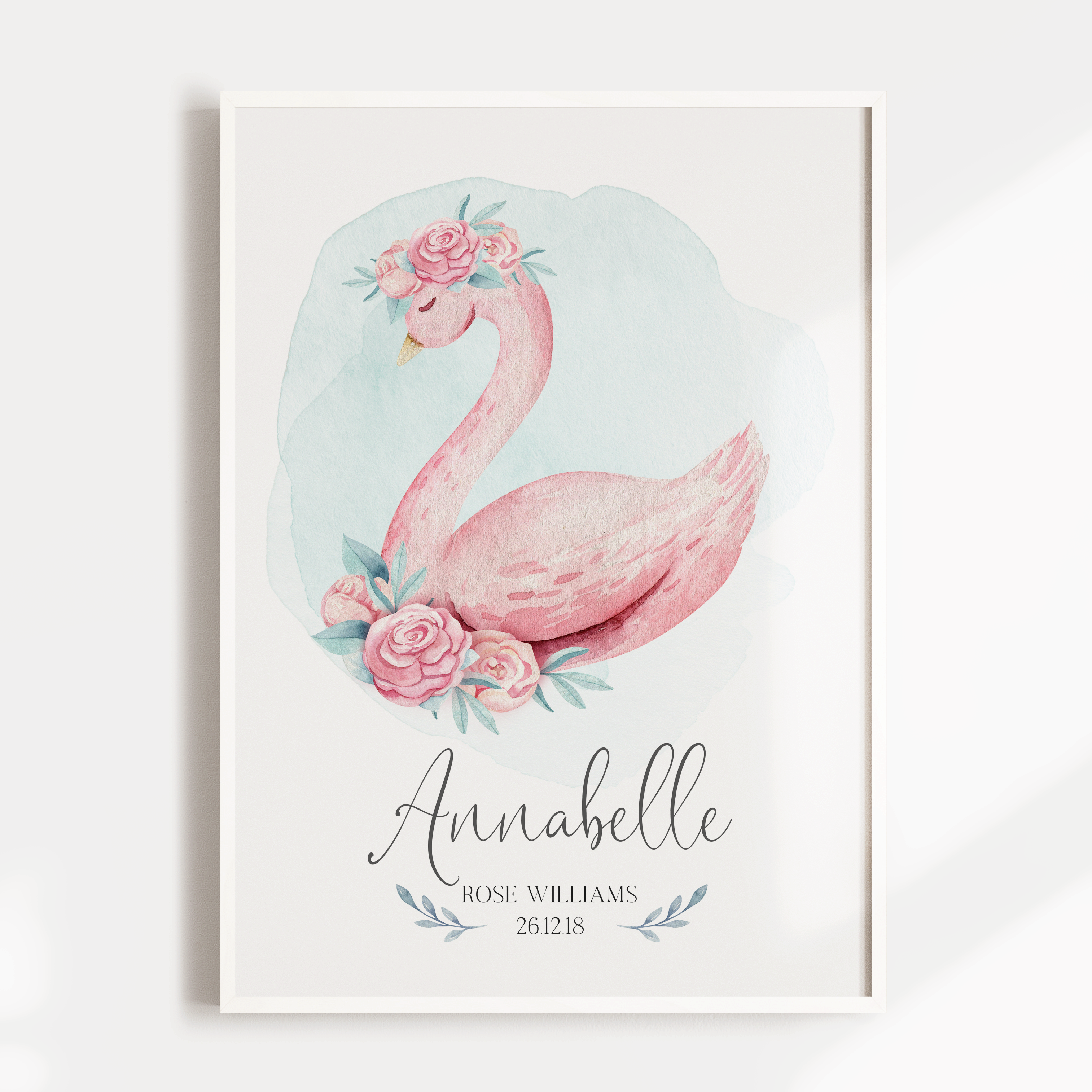 Pink Floral Watercolour Swan Birth Print